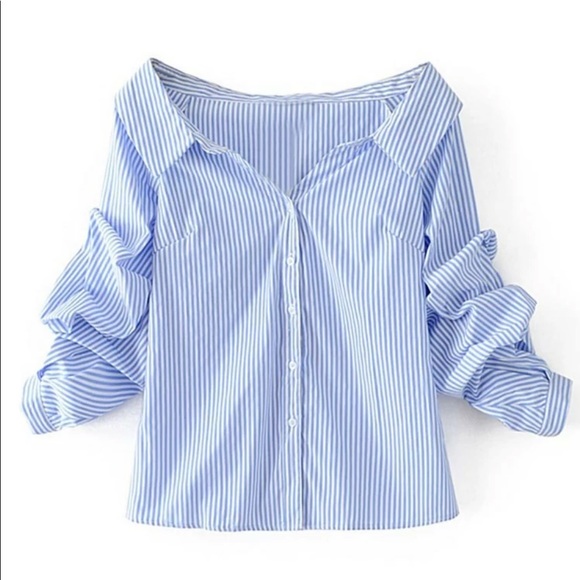 Chic & Sultry – Striped Off-the-Shoulder Button-Up Top - Picture 4 of 7